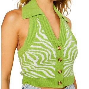 Green Zebra Print Knit Halter Vest